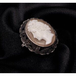 Antique Victorian Shell Cameo Brooch With Intricate Sterling Silver Frame